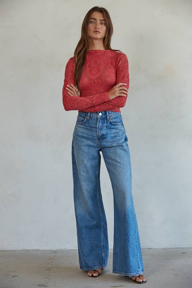 Knit Seamless Jacquard Mock Neck Long Sleeve