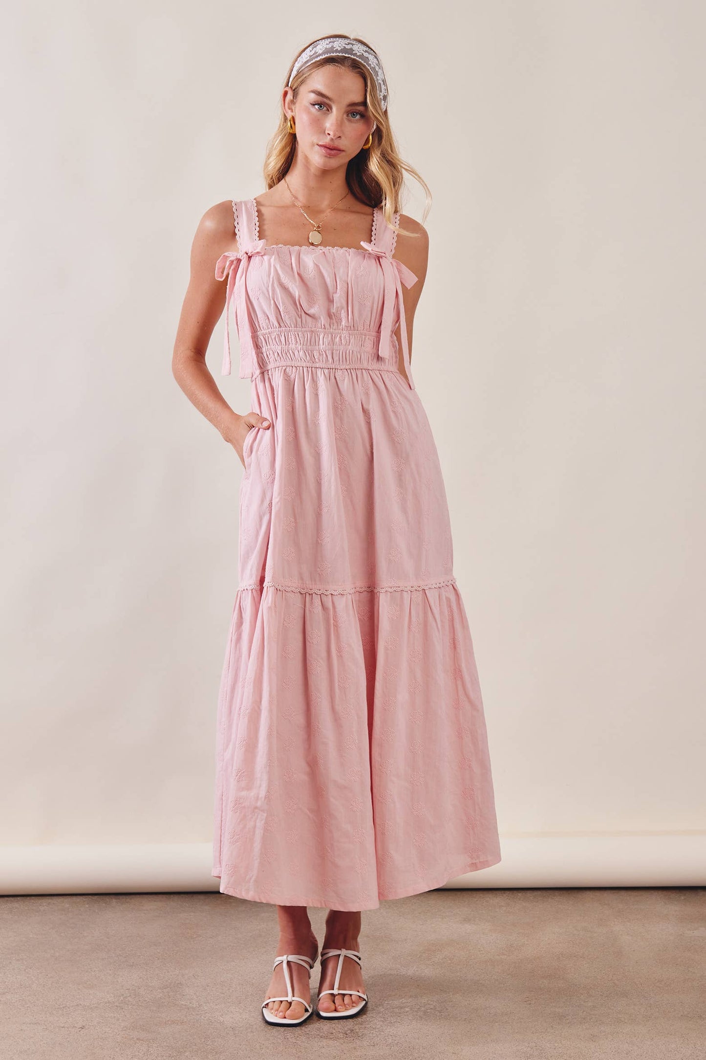 Embroidered Tie-Strap Tiered Maxi Dress