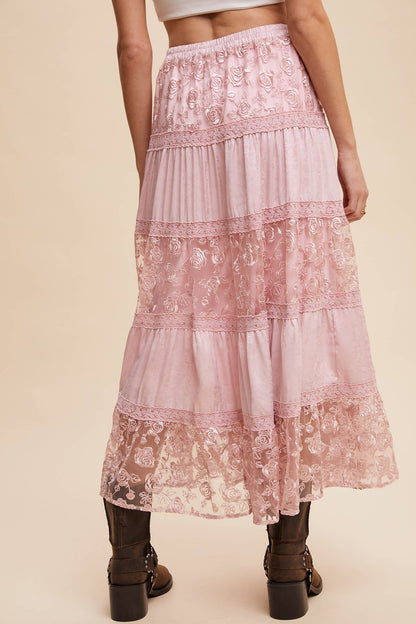 Floral Embroidered Tiered Maxi Skirt