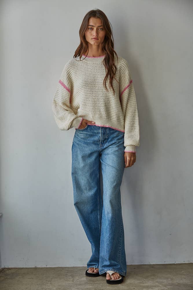 Knit Sweater Long Sleeve Top: Cream Pink